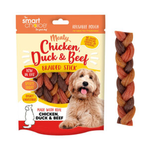 12 x Meaty Chicken, Duck and Beef Trio Braided Dog Treats 120g